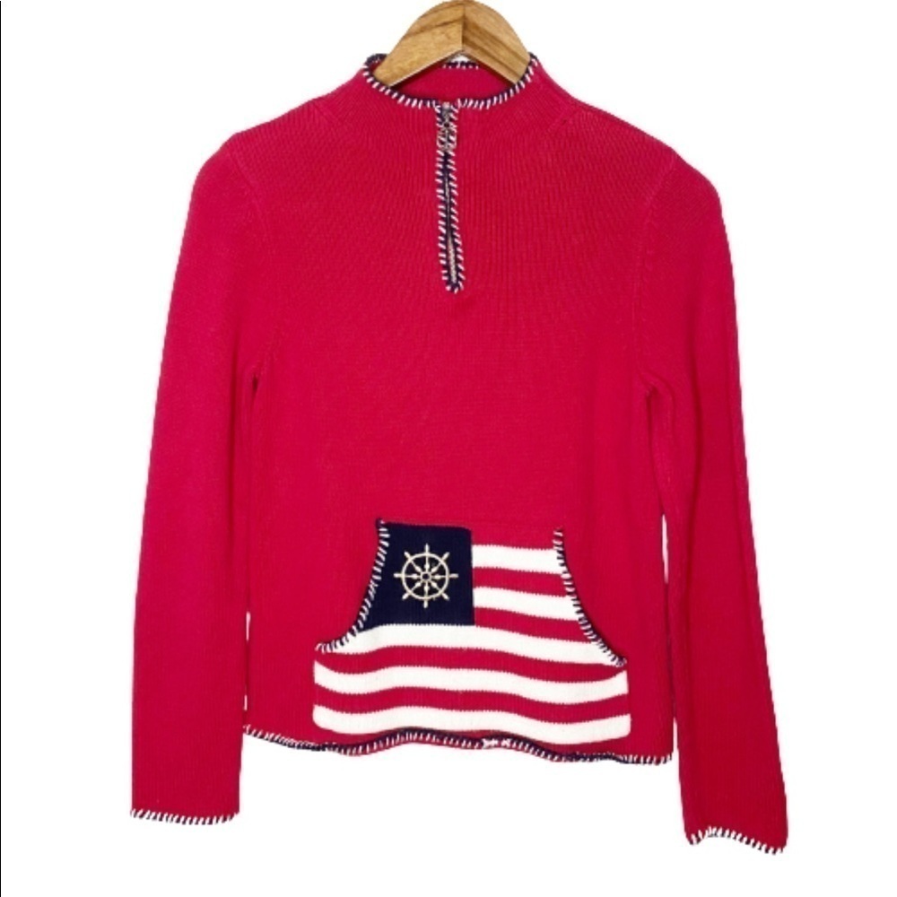 Vintage Villager Liz Claiborne Sport Red 1/4 Zip Nautical Anchor Sweater Small P